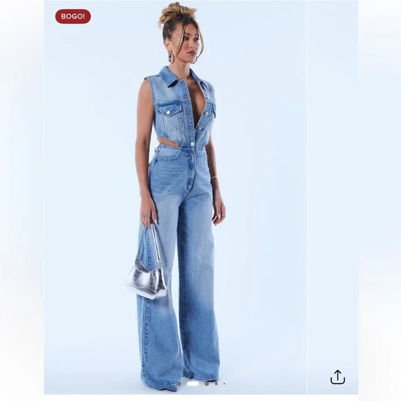 Fashion Nova Baylin Cutout Denim Jumpsuit – Size L – NWT - Picture 2 of 13